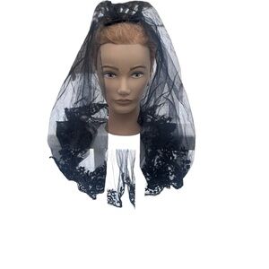 Vintage black mesh double layer hair clip veil with embroidered hem gothic